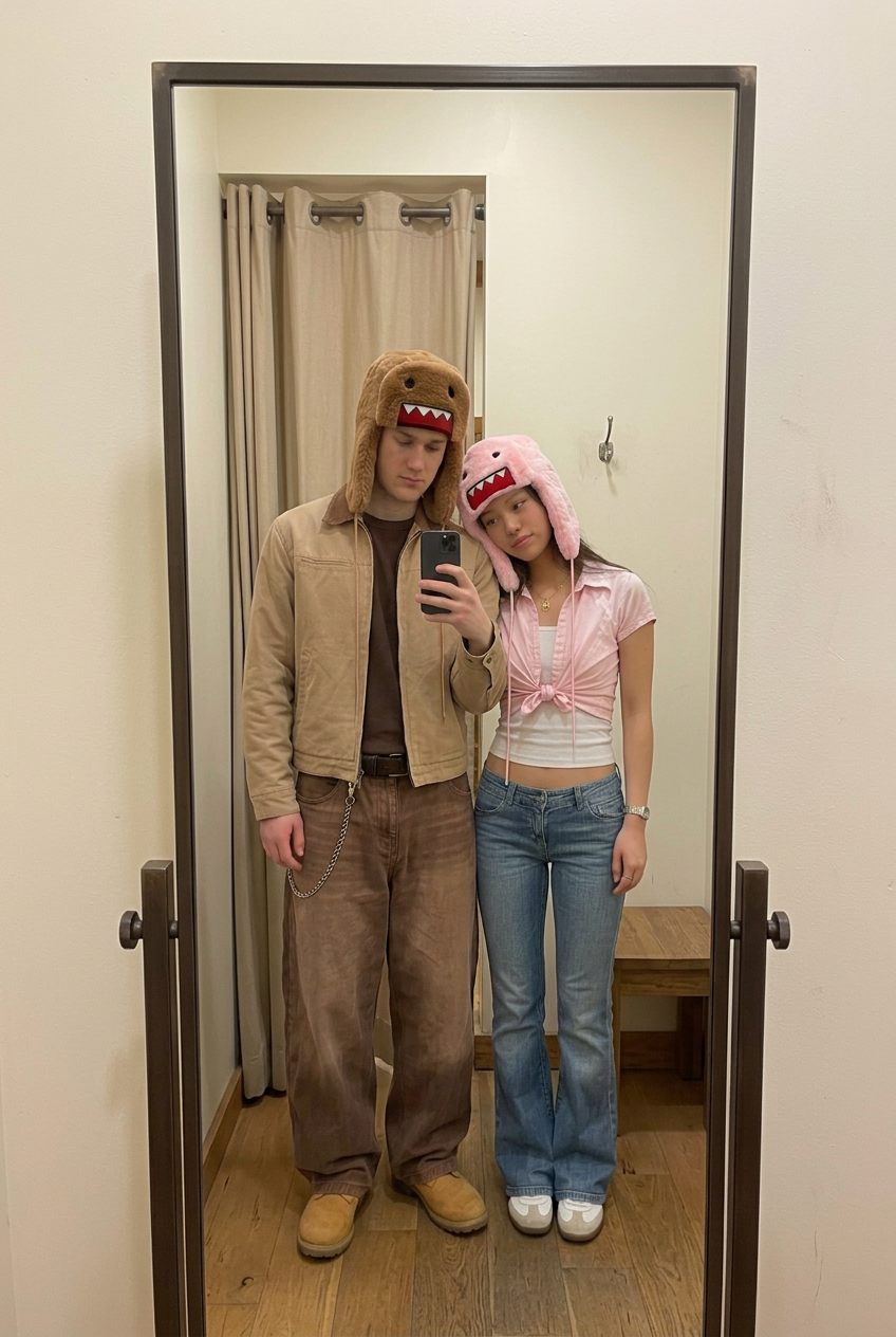 Couple mirror selfie in a simple fitting room with casual phone-photo styling