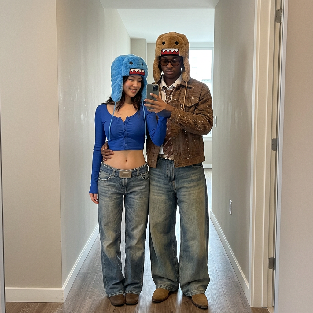 Couple mirror selfie with the blue and brown hats and reference-inspired outfits